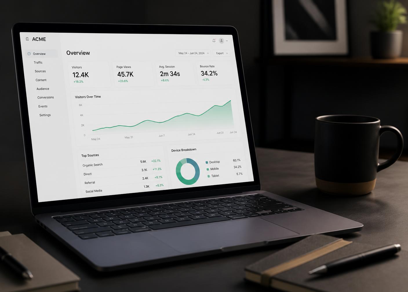 Client reporting dashboard showing growing traffic and conversions